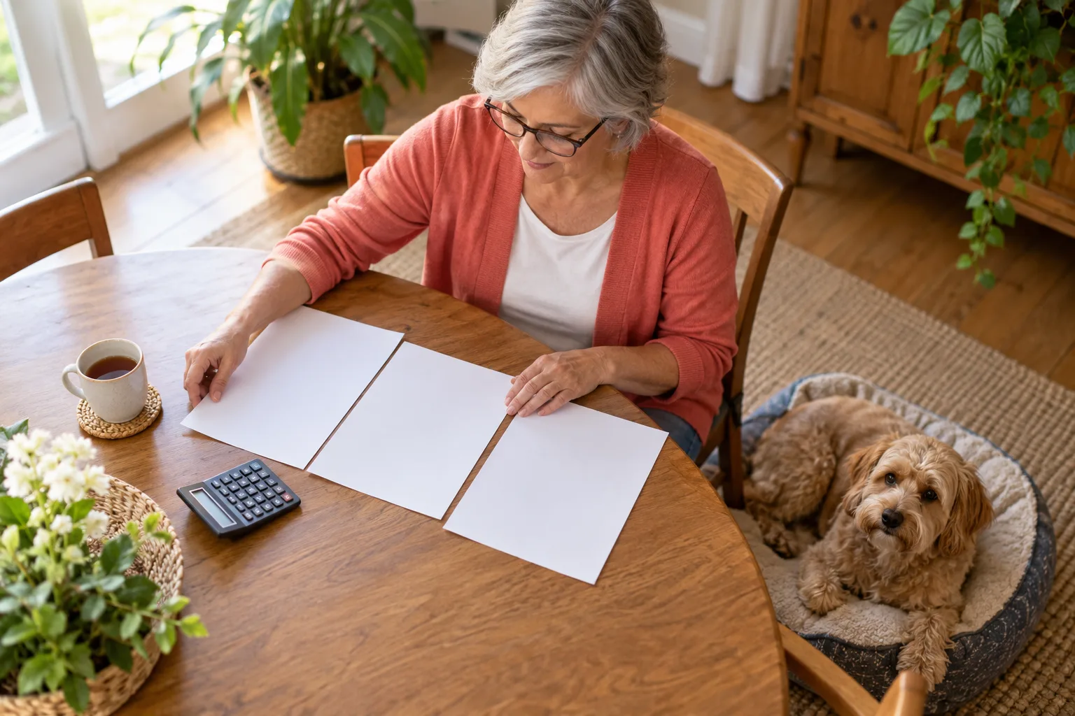 Owner comparing papers beside a calculator and a resting tan dog